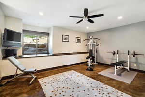 Workout area with ceiling fan