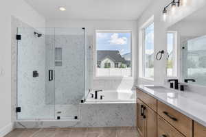 Bathroom featuring vanity, plenty of natural light, and independent shower and bath