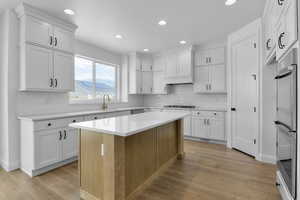 Kitchen featuring a center island, light wood-type flooring, and white cabinets