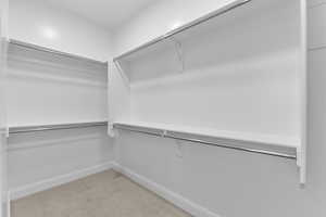 Walk in closet featuring light carpet