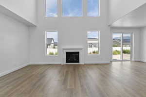 Unfurnished living room with a towering ceiling, a healthy amount of sunlight, and light hardwood / wood-style flooring