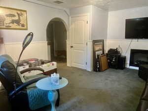 Living area with carpet and a textured ceiling