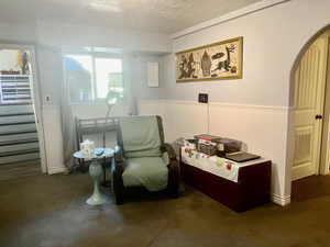 Living area featuring carpet and a textured ceiling