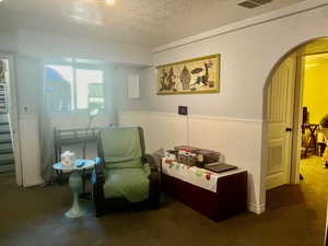 Sitting room featuring carpet floors and a textured ceiling