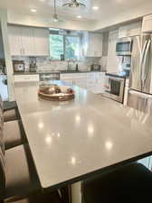 Kitchen with decorative backsplash, stainless steel appliances, sink, and white cabinets