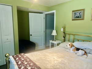 Bedroom featuring a closet and a textured ceiling