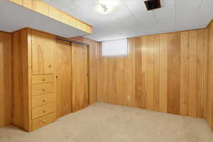 Basement featuring carpet and wooden walls