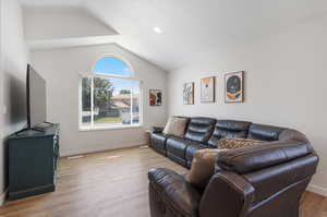 Living room with vaulted ceiling and light hardwood / wood-style flooring