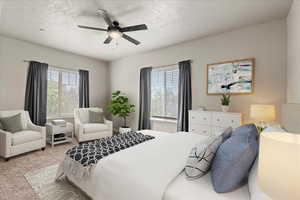 Digitally staged Carpeted bedroom with ceiling fan