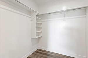 Walk in closet featuring dark wood-type flooring