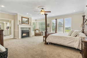 Bedroom with multiple windows, ceiling fan, and ornamental molding