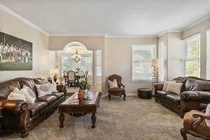 Living room featuring decorative columns, a chandelier, crown molding, and carpet flooring