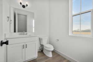 Bathroom featuring vanity, hardwood / wood-style flooring, and toilet