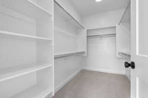 Spacious closet featuring light carpet