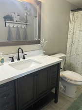 Bathroom featuring vanity, toilet, and hardwood / wood-style flooring