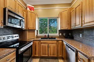 Kitchen featuring sink, appliances with stainless steel finishes, and backsplash