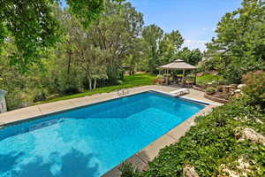 View of pool with a patio, a diving board, and a gazebo