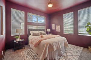 Primary Bedroom with multiple windows, carpet, and a textured ceiling