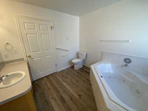 Bathroom featuring vanity, hardwood / wood-style flooring, and toilet