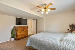 Bedroom featuring carpet, ceiling fan, and a textured ceiling