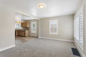 Unfurnished living room featuring sink and light colored carpet