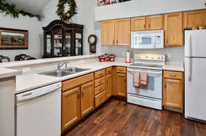 Open kitchen with dishwasher, range, microwave, fridge and skylight