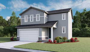 View of front of home featuring a garage and a front lawn. Materials and colors may vary as this is a rendering only.