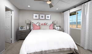 Bedroom featuring light carpet. Fan is not included.Photo of the model; actual materials and colors selected may vary.