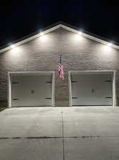 View of garage at night