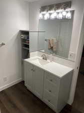 Bathroom featuring wood-type flooring and vanity