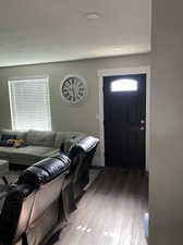 Living room featuring dark wood-type flooring