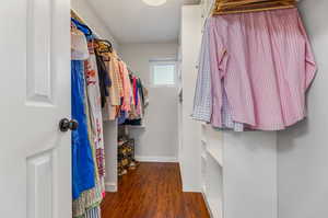 Primary Bedroom Spacious closet with dark hardwood / wood-style flooring