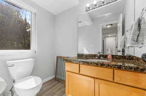 Half Bathroom with vanity, toilet, and hardwood / wood-style flooring