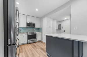 Kitchen featuring appliances with stainless steel finishes, light hardwood / wood-style flooring, white cabinets, tasteful backsplash, and electric panel