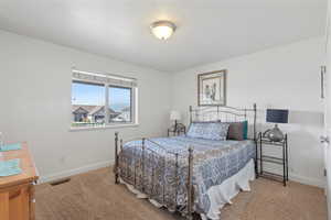 Bedroom featuring light colored carpet