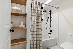 Shower, shelves, toilet