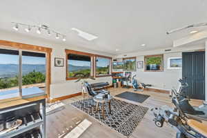 Interior space with a mountain view, light hardwood / wood-style flooring, a skylight, and track lighting