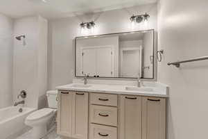 Full bathroom featuring shower / tub combination, vanity, and toilet