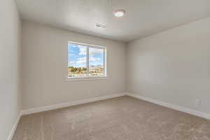 Empty room featuring carpet and a textured ceiling