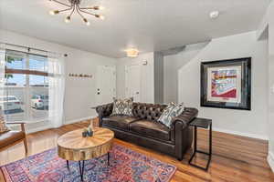 Bright and welcoming entry and living room with updated light fixture.