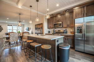 Kitchen with hanging light fixtures, sink, dark hardwood / wood-style floors, appliances with stainless steel finishes, and backsplash