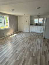 Unfurnished living room featuring light hardwood / wood-style flooring and sink