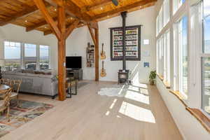 Living room featuring a wood stove, a healthy amount of sunlight, and wooden ceiling