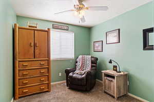 Sitting room with carpet floors, a textured ceiling, and ceiling fan