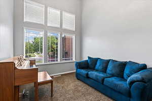 Carpeted living room featuring a high ceiling