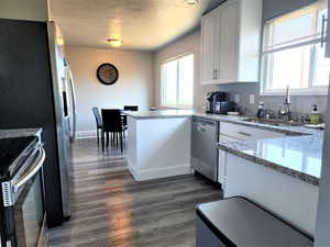 Kitchen featuring kitchen peninsula, stainless steel dishwasher, light stone countertops, white cabinetry, and dark hardwood / wood-style flooring