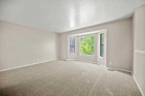 Carpeted empty room with a textured ceiling