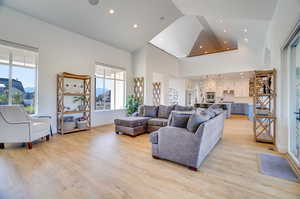 Living room featuring a healthy amount of sunlight, light wood-type flooring, and high vaulted ceiling