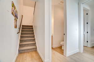 Stairs with light wood-type flooring