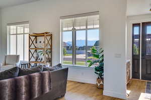 Living room with a mountain view and light hardwood / wood-style flooring